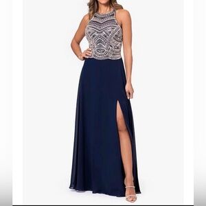 Betsy & Adam Midnight Blue Dress with Gold Accents
